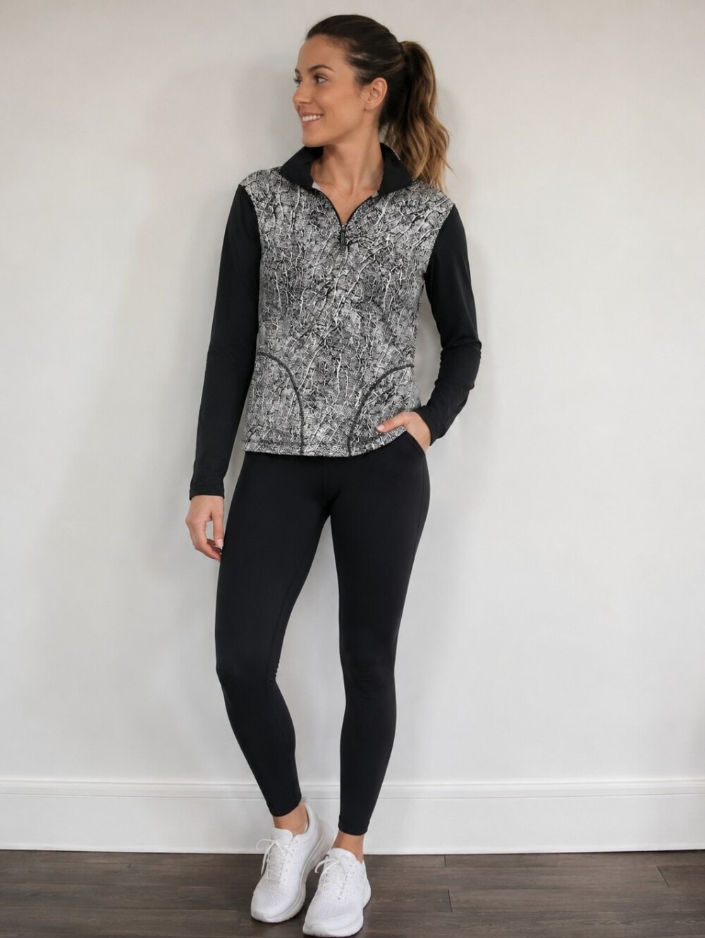 Avia Black and White Patterned Zip-Up Utility Jacket Size S